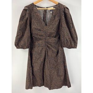 Universal Thread Brown Animal Print Mini Dress Ruched front big puff sleeves NWT